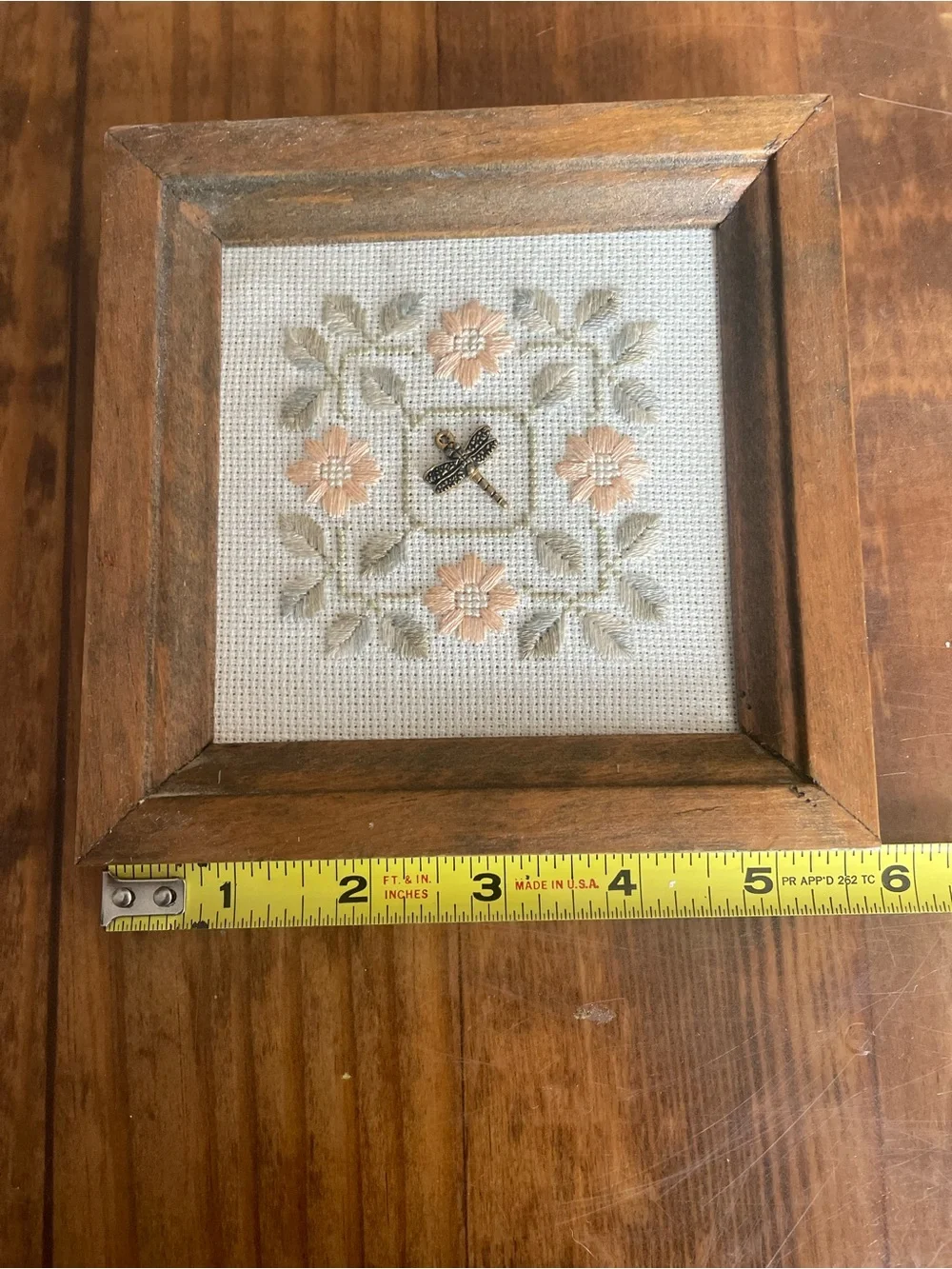 Framed Embroidered Floral Cross-Stitch with Dragonfly accent home cottagecore